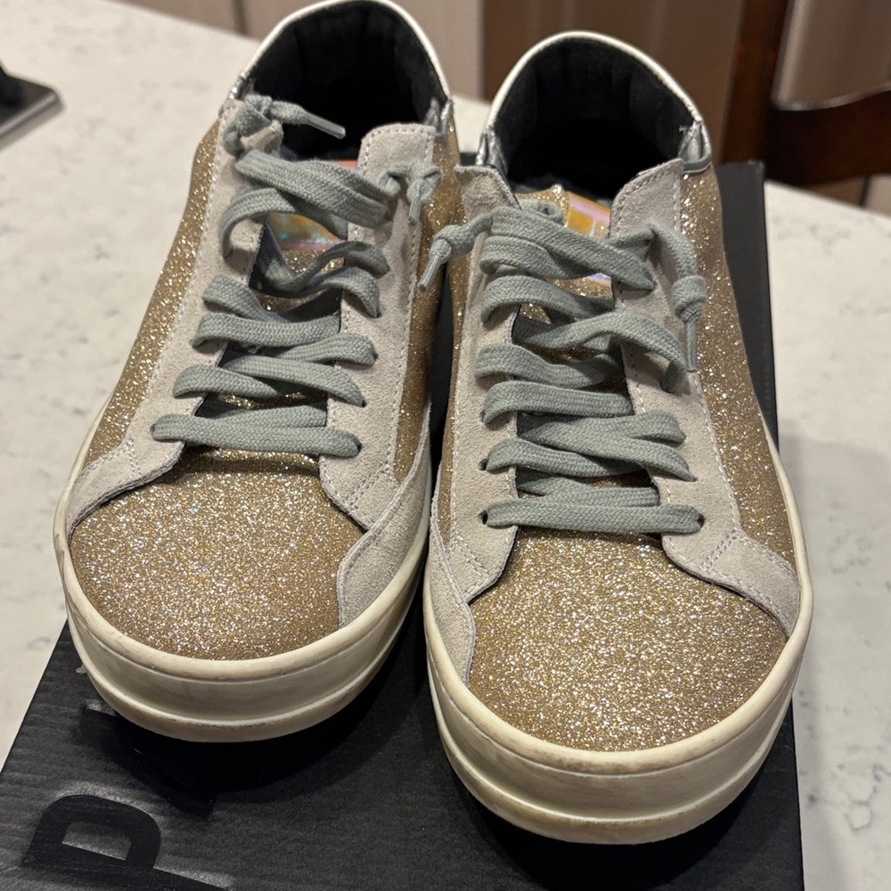 P448 Gold Glitter Women's Sneakers, Sz 38 - Picture 2 of 5